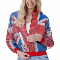 Generic Womens Union Jack Sequin Bomber Jacket Around The World