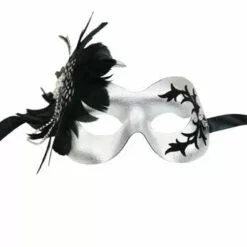 Generic Silver Masquerade Facepiece With Black Feather